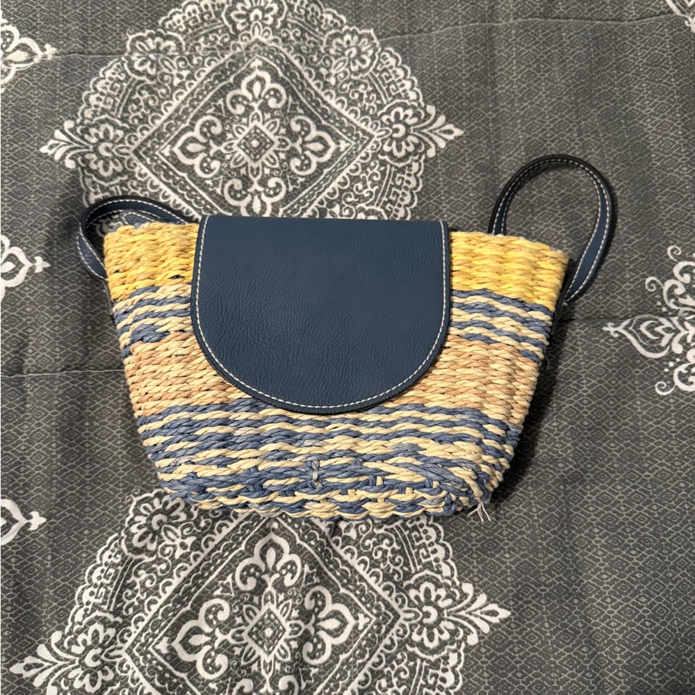 Elegant Blue and Natural Woven Crossbody Bag